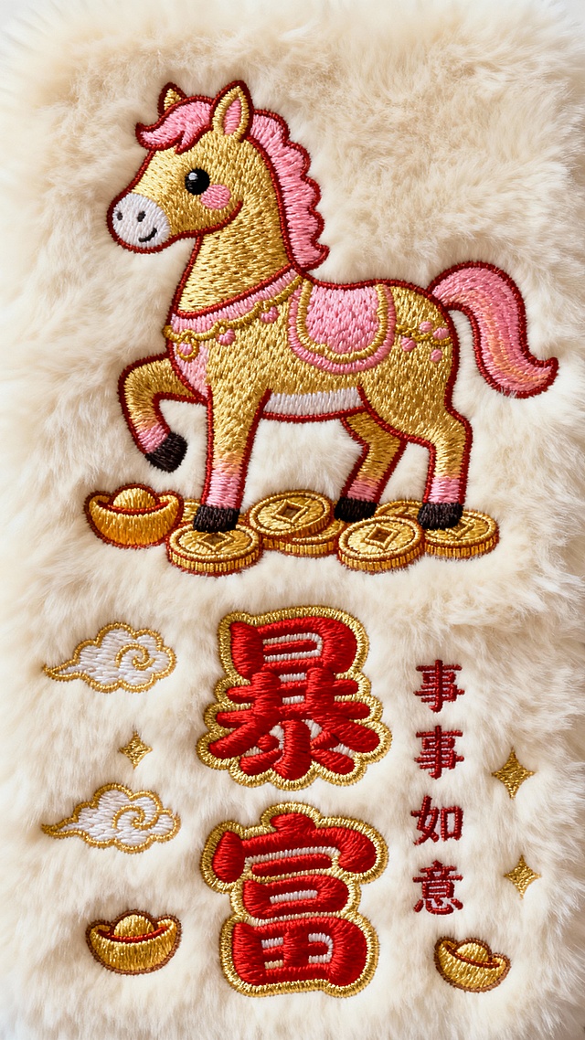 一幅以发财为主题的毛绒质感刺绣壁纸，整体采用米白色毛绒布料为背景，主体是一只色彩鲜艳的卡通风格金色骏马，并点缀金、粉色渐变装饰，马的脚下绣有元宝、铜钱等元素。下方是红色的“暴富”二字，采用圆润可爱的字体，非书法体，边缘绣金色的轮廓线。文字周围小标题“事事如意”。点缀金色的祥云、元宝等元素。