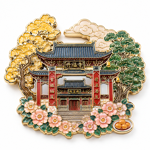 画面呈现开福寺古建建筑，采用金属珐琅质感工艺。两侧分别绘有金黄与翠绿松树，前景点缀粉色花卉与金色云纹，整体风格富丽典雅。适合作为景区纪念礼品、寺庙祈福周边或传统文创产品展示使用。