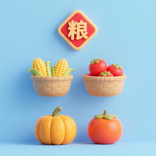 4个中秋素材组合，可爱电商促销感。素材包括：第一个粮仓（贴着带有 “粮” 字的红色菱形福字）；第二个一筐玉米；第三个一筐柿子；第四个南瓜。画面整体呈现鲜艳效果，淡蓝色背景。上下两行，排列整齐预览效果