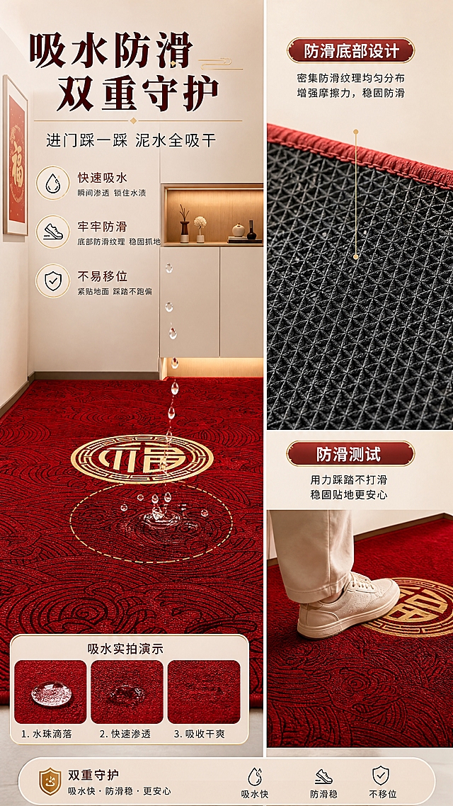 [商品] 使用【图1】红色祥云福字织绒入户地垫；保留地垫红色底色、祥云图案、中央金色福字、织绒平整无毛质感的表面材质；商品处理：增强地垫表面纹理细节，展示吸水时的水珠渗透状态，不改变图案和颜色。
[画面] 目标：吸水防滑功能演示页，直观展示地垫吸水能力与防滑底部。构图：左右分栏，左侧展示吸水效果（水滴洒落地面被地垫吸收），右侧展示防滑底部纹理特写与防滑测试。景别：中景+微距结合，主场景为地垫铺在玄关地面，局部放大水珠吸收瞬间。阅读动线：从左标题到右功能演示。
[视觉] 套系策略：风格=云简约轻奢新中式商业家居摄影；标题字=粗黑体带中式衬线细节；正文字=现代无衬线黑体；主色=中国红（酒红偏暖）；背景延展=基于暖米白+浅木色做深浅层级、同色渐变和细腻墙面/木纹质感；强调色=烫金（浅金色），仅用于小面积图标、引线、标签和重点数字；标题色=深酒红+烫金点缀；正文色=深暖灰；组件=圆角金色描边信息卡、细线金色引线、水滴图标；光影=左前侧暖柔光，水珠有通透高光。
[文字] 左上主标题：「吸水防滑 双重守护」（8字）；副标题：「进门踩一踩 泥水全吸干」；左侧3个卖点：「快速吸水」「牢牢防滑」「不易移位」；右侧配防滑纹理引线说明。文字横向排版，字号保证手机端可读。
[规格] 图片比例9:16竖版，4K分辨率，淘宝/天猫详情页适配，中文文案；负向提示：避免变形、错字、文字过小、冷蓝背景、地垫颜色改变、表面长毛绒、露出底面全貌、夸张虚假效果、平台Logo水印。