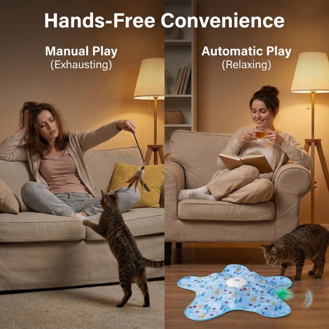 欧美跨境电商对比图，真实展示自动逗猫游乐盘与手动逗猫棒的区别：左侧主人手持逗猫棒疲惫不堪，右侧自动逗猫游乐盘运行主人轻松休息，家居场景，突出英文文案"Hands-Free Convenience"，真预览效果