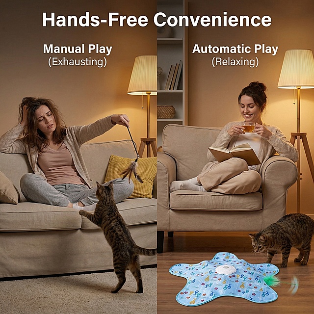 欧美跨境电商对比图，真实展示自动逗猫游乐盘与手动逗猫棒的区别：左侧主人手持逗猫棒疲惫不堪，右侧自动逗猫游乐盘运行主人轻松休息，家居场景，突出英文文案"Hands-Free Convenience"，真实展示产品优势，无白底，画面无多余图片