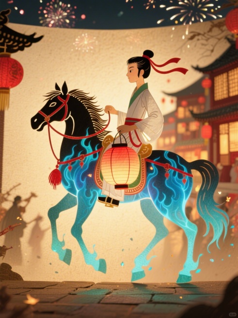 一名古装少年骑在黑马背上，马身缠绕幽蓝色半透明鬼火，火焰如流萤飘散，马蹄踏地溅起青色光尘，少年一袭白色窄袖长袍，腰系红绳，发带迎风扬起，手中提一盏圆形纸灯笼，灯笼透出暖红光芒，远处有零星烟火，国潮插画预览效果