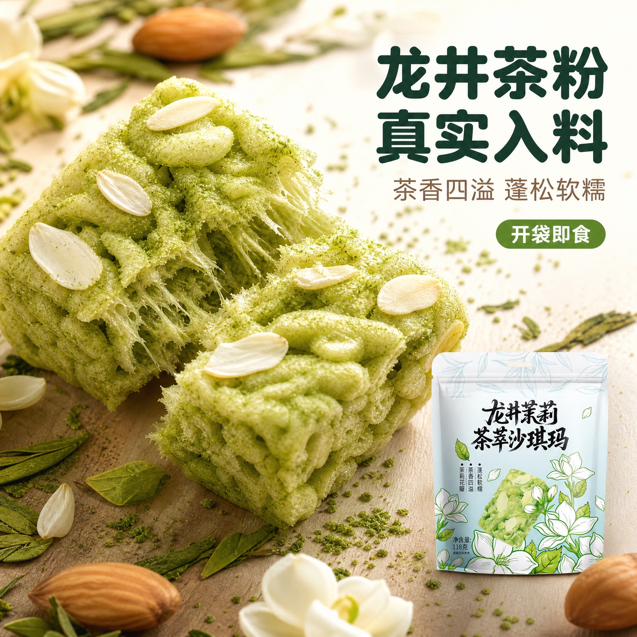[主图-3] 成分与质地微距：龙井茶粉真实入料，放大沙琪玛蓬松… - 图片创意预览