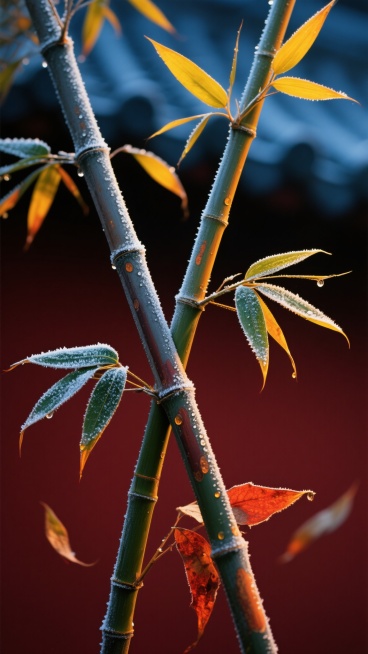 1. 俯拍构图，一株修长翠竹以对角线姿态划破纯黑背景，竹节处凝结着银白色霜花，深墨绿色竹叶边缘泛着冷光，部分叶片垂落形成优雅弧线，光线从左上方45度角切入投下细长阴影，凸显竹竿粗糙纹理与霜花的晶体质感。

2. 侧视特写，三株竹子呈品字形伫立在酒红色背景中，竹竿转为暗红棕色，竹叶从基部的墨绿渐变为叶尖的金红色，几片枯叶旋转飘落，逆光拍摄使叶片脉络形成金色轮廓光，竹节处悬挂着晶莹露珠。

3. ……预览效果