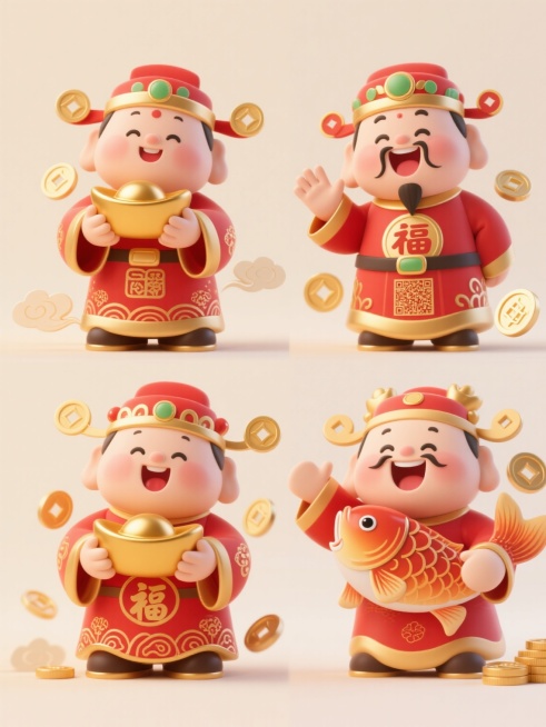 四个不同动作与表情的3D财神元素，保持Q版可爱风格，圆润造型，主色调为红色与金色，服饰细节包含传统花纹与"福"字，财神分别呈现拱手作揖、捧金元宝大笑、挥手致意、抱鲤鱼微笑的姿态，每个财神周围点缀金色铜钱与祥云装饰，整体位于浅色背景上，呈上下两行对齐排列，保持光滑细腻的3D质感与明亮柔和的光影效果，无文字及二维码元素。预览效果