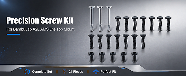 [第1张] 亚马逊高级A+详情页头图 - BambuLab A2L AMS Lite Top Mount Screw Kit 专业主视觉。本张使用【图1】作为商品主体，展示全套螺丝套件全家福。
[氛围/风格] 工业科技极简风，专业精密感，商业摄影质感，突出五金件金属光泽与精密工艺。
[元素布局] 螺丝套件整齐排列于画面中央偏右，占比约50%；3颗银色长螺丝(BT3-23)在上排左侧，13颗黑色中螺丝(BT3-12)在中排和上排右侧，5颗黑色短螺丝(ST3-8)在下排；左侧留标题区；背景为深灰到浅灰的渐变，带有细微的网格纹理和科技感光斑；底部有一条金属质感的装饰条。产品物理结构、比例轮廓、材质质感、颜色与输入产品图一致。
[光影质感] 左上方45度硬光照明，突出金属螺丝的高光和螺纹立体感，右下柔和投影，整体明暗对比强烈，体现工业精密感。
[配色色系] 全局底色 #2A2A2E 深灰渐变；主色金属银/炭黑；辅助色科技蓝点缀 #1E90FF。
[视角构图] 正面微俯视视角，产品为视觉中心，阅读动线左上标题 → 中央产品 → 底部信息条。
[文字版式] 左上标题区，主标题「Precision Screw Kit」大号粗体无衬线字体白色；副标题「For BambuLab A2L AMS Lite Top Mount」中号浅灰色；标题下方有一条蓝色装饰线；底部信息条显示「Complete Set · 21 Pieces · Perfect Fit」；所有文字为英文，清晰可读，不遮挡产品主体。
[比例分辨率] 61:25横版比例，4K分辨率，文字清晰可辨，高清画质。
[负向提示词] 螺丝变形，缺件错件，数量不对，颜色偏差，水印，文字错乱，产品图模糊，背景杂乱，中文字符。