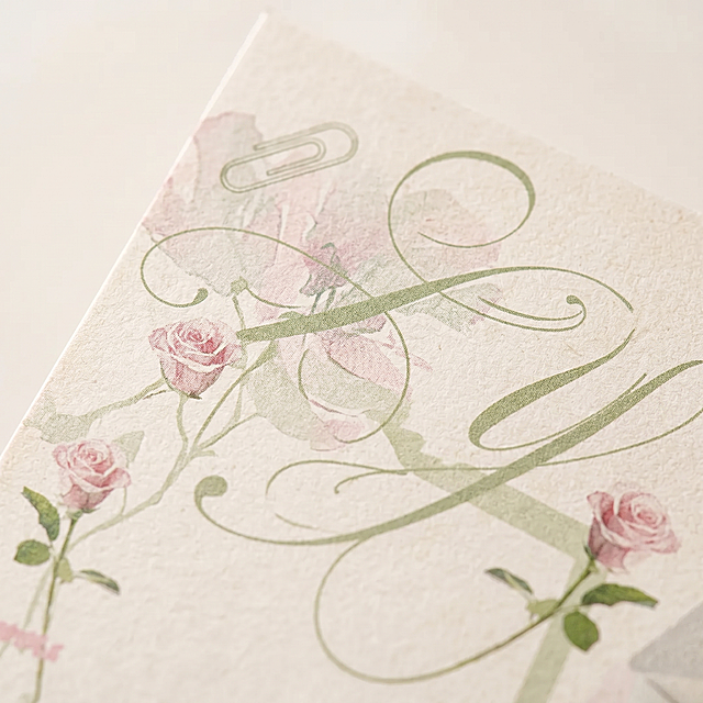 [Main image 4] Close-up detail of the paper material and floral printing on the greeting card. Focus on the paper texture and high definition ink printing. Show the premium thick paper material and clear printing effect. Keep the original pink green beige color scheme. Clean off-white background, 1:1 square, soft natural light to highlight texture. No Chinese characters. 2K resolution. Negative: Chinese characters, deformation, blurry, wrong color, messy background.