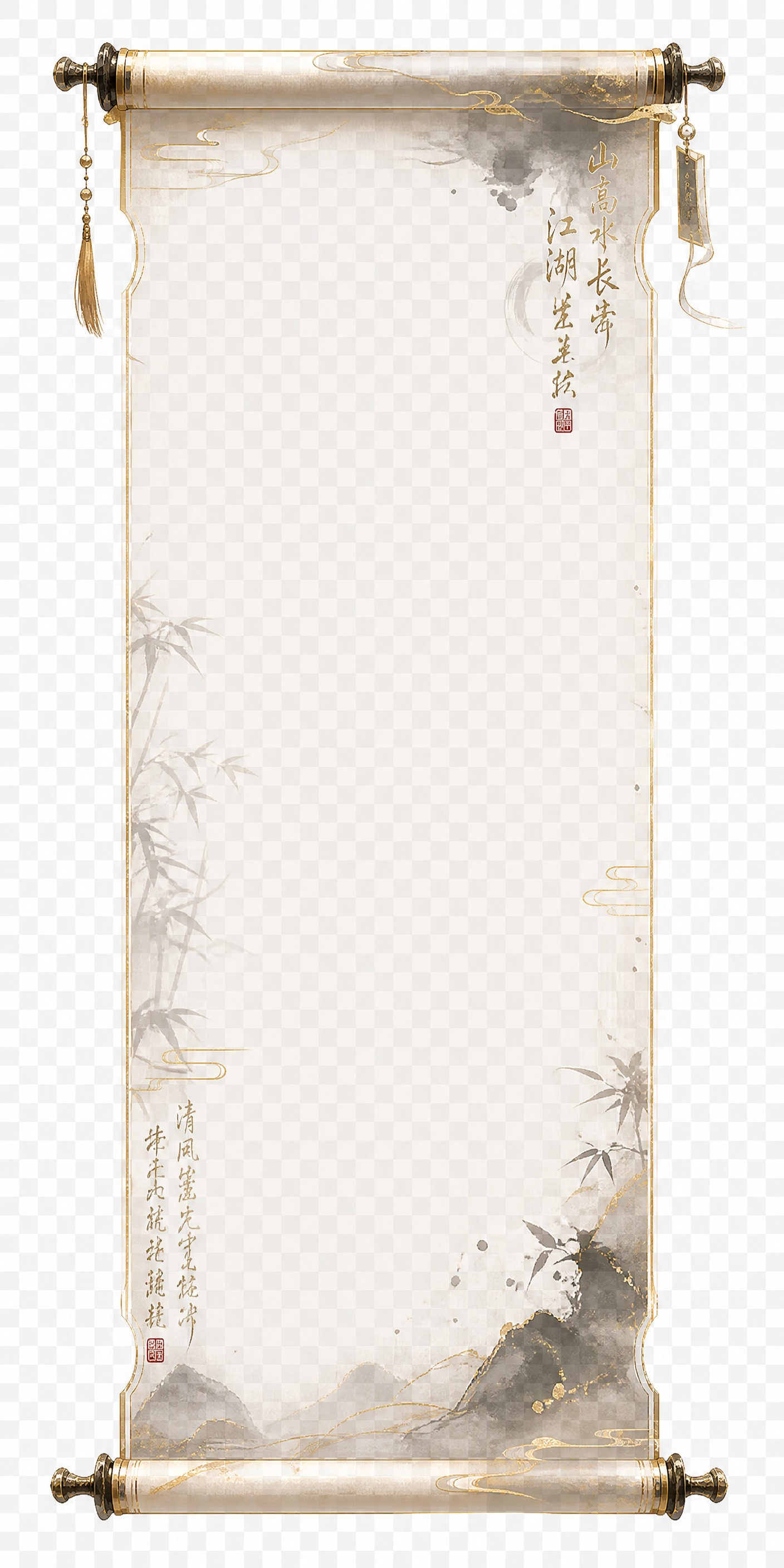 游戏UI文本框，竖向展开的古风画卷，作为介绍解释文本容器，画卷… - 图片创意预览