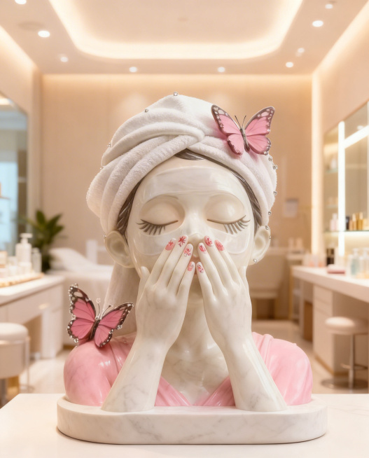 将人物的衣服换成粉色，给双手的指甲做成清晰的花瓣样式美甲，保持人物主体造型和现有背景不变预览效果