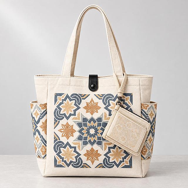 [主图-4] Moroccan Canvas Card Holder 的品牌系列场景图，唯一任务是表现卡包与同系列托特包的真实组合关系。
[统一基调] 跨境 Amazon 极简高级商业摄影，浅灰至米白背景主色，柔和自然光，真实帆布质感；强调色=暖棕金，仅用于细微光效；全套同色系不轮换主色；本张不加文字。
[画面] 1:1 正方形构图的商品场景摄影；同系列米白色厚帆布托特包立于干净浅灰色极简背景前，托特包外观严格保持 【图2】 一致：米白帆布包身、蓝金几何花砖图案、包口黑色金属按扣、两条提手；卡包依据 【图1】 保持米白帆布、黑色拉链、米白织带挂绳与摩洛哥几何暗压纹；米白织带挂绳绕过托特包包口黑色按扣旁的织带环，卡包自然垂挂在托特包正面右侧，接触点真实、受力方向朝下、遮挡关系合理，卡包完整可见不被包身挡住；两件产品统一米白帆布材质与黑色明线车线；前景浅灰台面有轻微接触影，中景为两件产品，后景为纯净浅灰渐变墙；柔和自然光自左上方进入，帆布纹理清晰，8K 高清写实。
[光影质感] 柔和自然光加轻微侧向补光，帆布织纹与黑色车线清晰，两件产品相互间有真实投影关系，无悬浮感无硬切边。
[配色] 沿用统一基调，浅灰背景加米白帆布，图案中的雾蓝与暖棕金作为产品原貌保留，不作背景主色。
[文字版式] 本张按用户要求不加任何文字与水印，保持干净场景摄影。
[输出要求] 比例 1:1 正方形，2048x2048；产品结构一致、无变形、无水印、无平台 Logo、无多余手指；两件产品比例协调、品牌系列感统一。