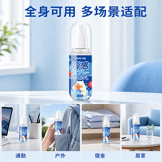 [主图-4] 多场景适用展示，宫格构图。[氛围风格] 真实家居清爽生活感。[画质] 商业摄影质感，光线明亮通透，产品清晰真实，画面干净高级。[元素] 上方大区域展示产品主体，下方四个宫格分别展示四个使用场景：1 通勤上班族工位 2 户外出行随身携带 3 学生宿舍衣物降温 4 居家客厅日常使用，每个场景都有简洁的场景配图，产品保持和原图外观完全一致。整体布局上方产品下方四宫格，信息清晰。[光影] 每个场景都是自然柔和光线，整体统一明亮，保持一致的光照方向。[配色] 浅蓝色调统一，四个场景轻微区分色调但整体和谐清爽。[视角构图] 宫格构图，上方产品平视，四个场景小图分别采用适配场景的自然视角，排版整齐不拥挤。[文字版式] 顶部大标题写"全身可用 多场景适配"，蓝色粗体大字；每个场景小图下方配1-2字说明：「通勤」「户外」「宿舍」「居家」，小字标注，清晰易读。不遮挡产品主体。[比例分辨率] 1:1 比例，2k 分辨率，文字清晰可辨，超高清。[负向提示词] 变形，水印，文字错乱，产品图模糊，背景杂乱，文字遮挡主体