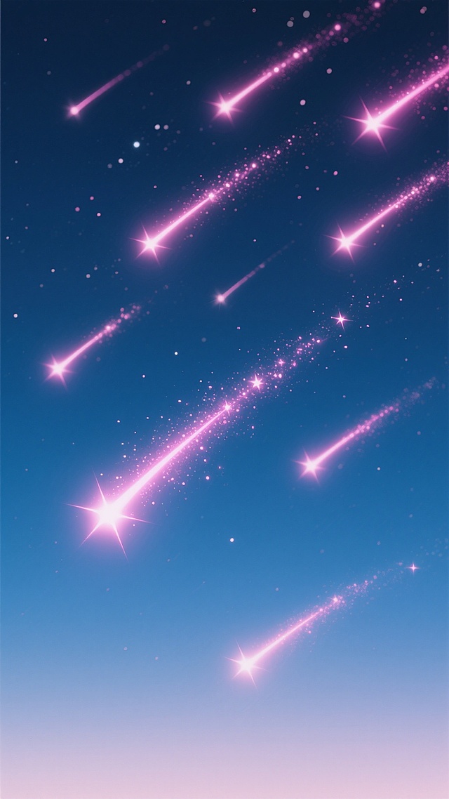 深蓝色渐变背景上，多道明亮的粉色流星以不同角度划过，流星带有柔和的发光拖尾和细微的星尘颗粒，整体画面简洁干净，呈现出梦幻而宁静的夜空氛围，流星分布错落有致，无其他多余元素干扰。