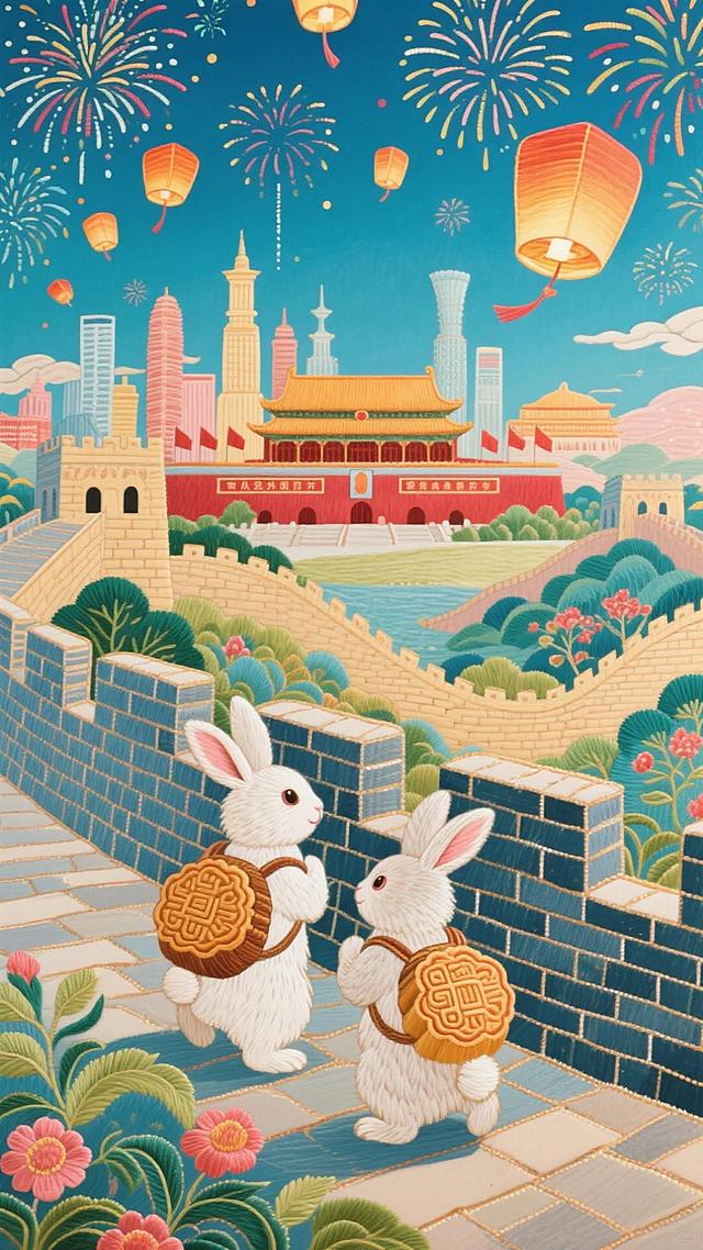 2只小兔子背着月饼小背包，在长城上，远处有国家地标建筑群，画面有序和谐干净，天上有烟火和孔明灯，暖橙粉金为主色调