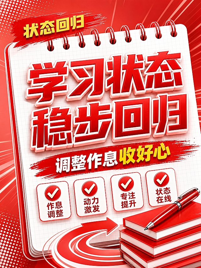 红色商务立体字风格开学季竖版海报，红色线圈笔记本构图布局。画面比例3:4竖版。画面主体是白色线圈笔记本背景，带网格纹理，顶部红色线圈环。左上角红色笔刷标签写着"状态回归"，黄色文字。中央超大号红色立体字主标题分两行排列：第一行"学习状态"，第二行"稳步回归"，带白色描边，视觉冲击力强。下方红色笔刷底纹配白色文字副标题"调整作息收好心"，"收好心"三个字用金黄色突出。底部四个白色圆角对勾框横向排列，红色对勾图标："作息调整""动力激发""专注提升""状态在线"。右下角装饰：堆叠的红色书本、红色钢笔、回旋箭头。整体红色渐变背景带白色波点和速度线装饰，商务大气，文案超大醒目，适合手机端阅读。画面中所有信息区域必须填充完整合理的内容，不得出现空白框。