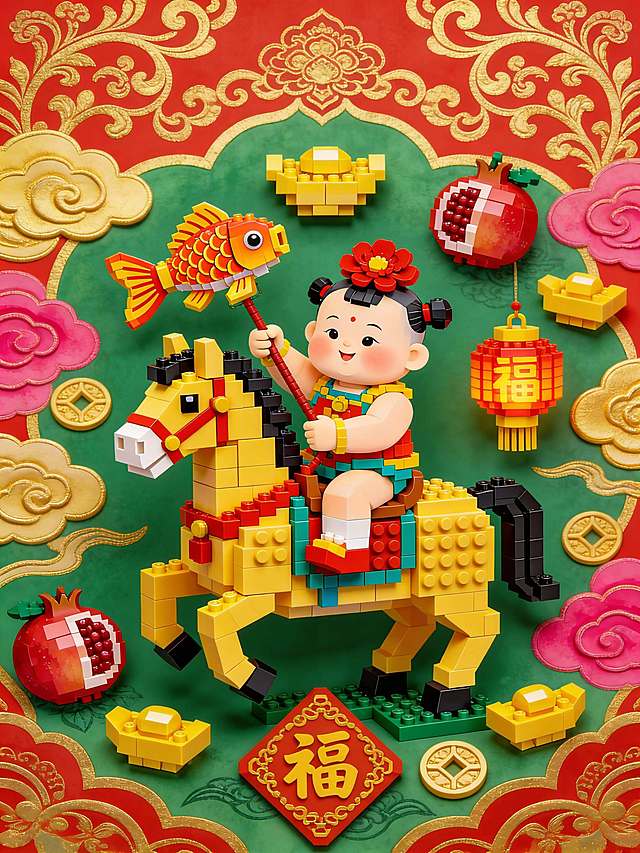乐高风格。胖娃娃骑着戴红花的马，手持鲤鱼灯笼，周围布满元宝、石榴、福字，喜庆可爱，背景大红配大绿