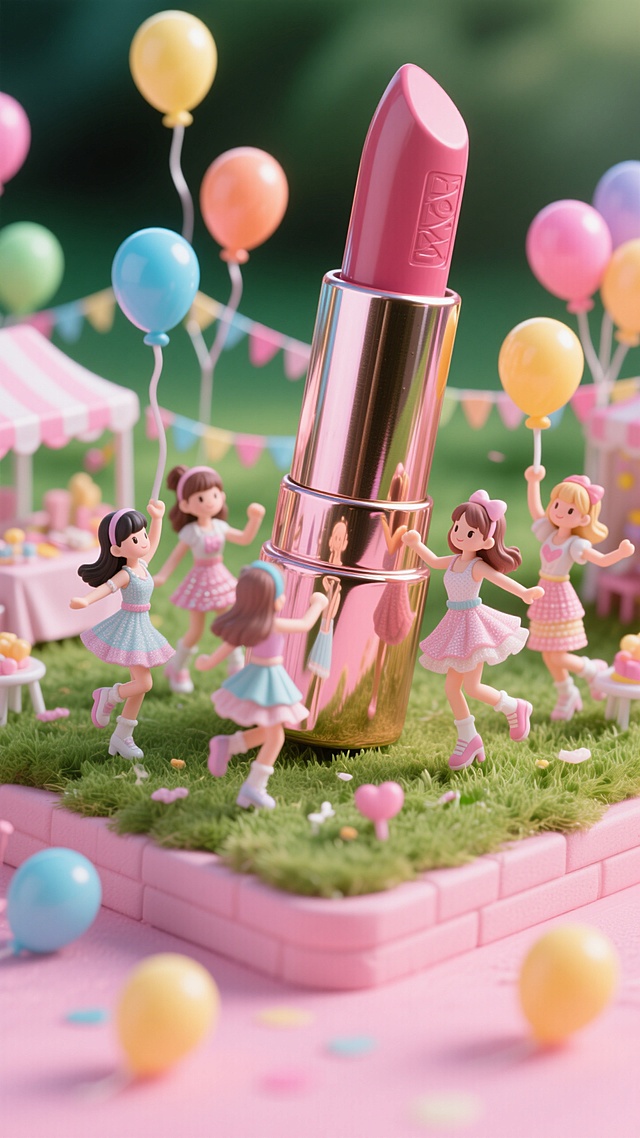 3D风微缩艺术，甜美梦幻波普设计，可爱女孩环绕唇膏，节日氛围浓厚。