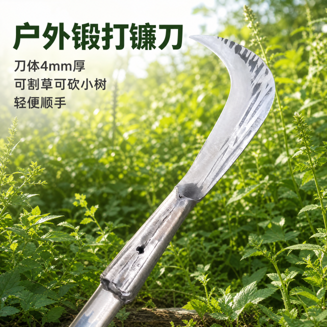 [主图-1] 户外手工锻打镰刀产品首图。[氛围风格]户外清新自然风，真实田园场景，通透舒服。[画质]商业摄影质感，光线明亮柔和，产品细节清晰，画面干净自然。[元素]把用户提供的镰刀产品放在自然绿色草丛预览效果