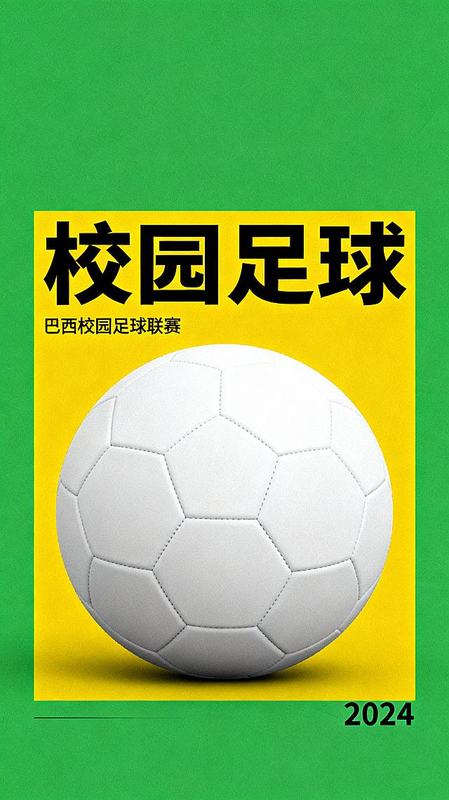 极简风格巴西足球校园海报，黄绿色块搭配白色足球，干净设计，大学生作业风格，排版宽松
