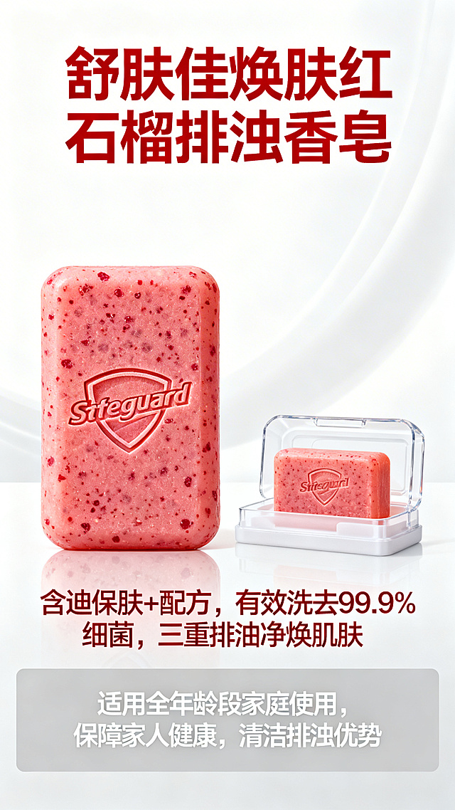 设计舒肤佳焕肤红石榴排浊香皂商品详情页第一张，主题为商品基础信息，包含产品名称"舒肤佳焕肤红石榴排浊香皂"，产品特点"含迪保肤+配方，有效洗去99.9%细菌，三重排油净焕肌肤"，说明适用全年龄段家庭使用，强调保障家人健康，清洁排浊优势，整体干净简约电商风格，配色采用红白色，参考第一张商品信息排版。