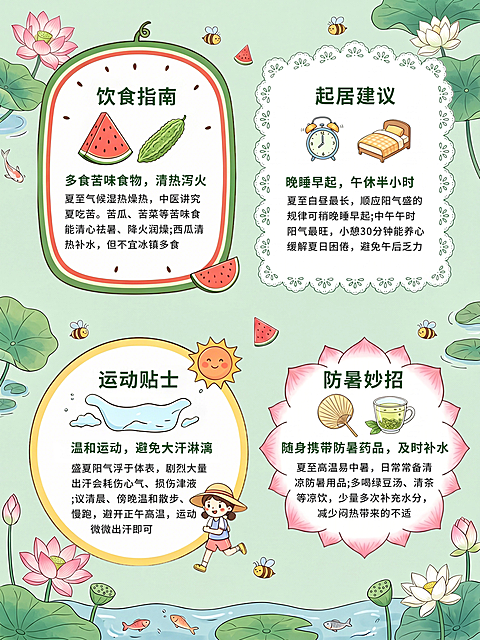 简约插画夏至饮食作息注意事项养生科普小红书配图
