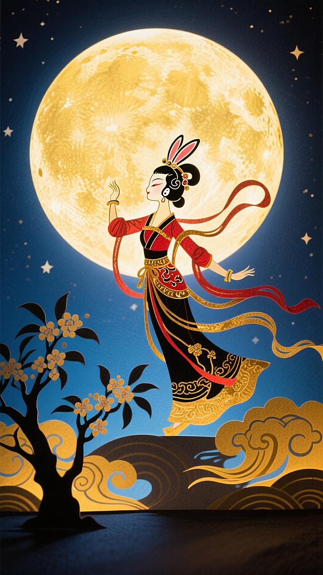 画面正中是一轮巨大的、表面有细微纹理（仿若月球表面）的圆月，它同时也是一个半透明的皮影幕布。

幕布上的皮影戏： 月亮之上，用精致、镂空的皮影艺术风格勾勒出嫦娥翩翩起舞的身影和活泼灵动的玉兔。嫦娥的衣带、玉兔的耳朵都采用皮影经典的关节连接点和夸张造型，线条铿锵有力。

色彩： 月亮本身散发出柔和温暖的黄色光晕，而上面的皮影嫦娥与玉兔则使用中国传统的红、黑、金等色彩，与月光形成鲜明对比，突出皮影的质感。
前景，一两枝桂花树的剪影
背景：深邃的藏蓝色夜空，点缀着若隐若现的星星。星空可以巧妙地用皮影戏中常见的传统纹样（如云纹、水纹） 来表现，使整体风格统一。