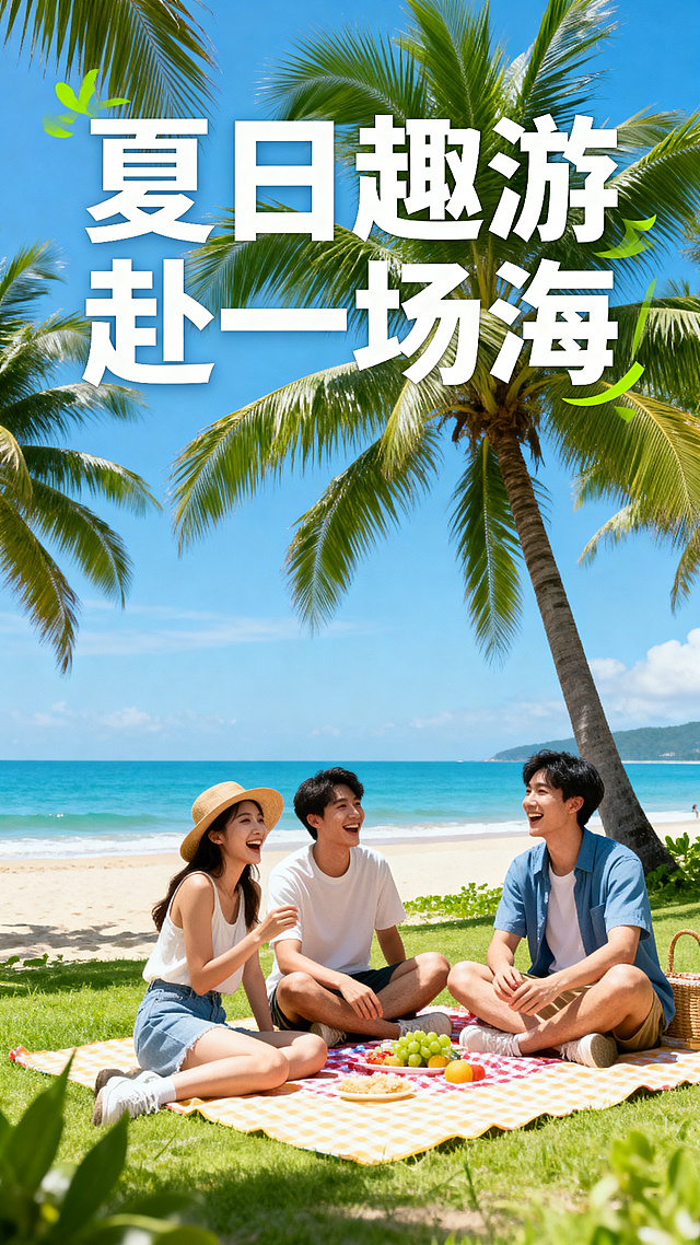 夏日出游主题海报，明亮清新的蓝绿色调，画面展现阳光沙滩椰林，年轻人坐在野餐垫上欢笑，远处是碧海蓝天，搭配醒目的艺术字标题"夏日趣游 赴一场海"，整体轻松活力，充满夏日氛围感，适合社交平台传播