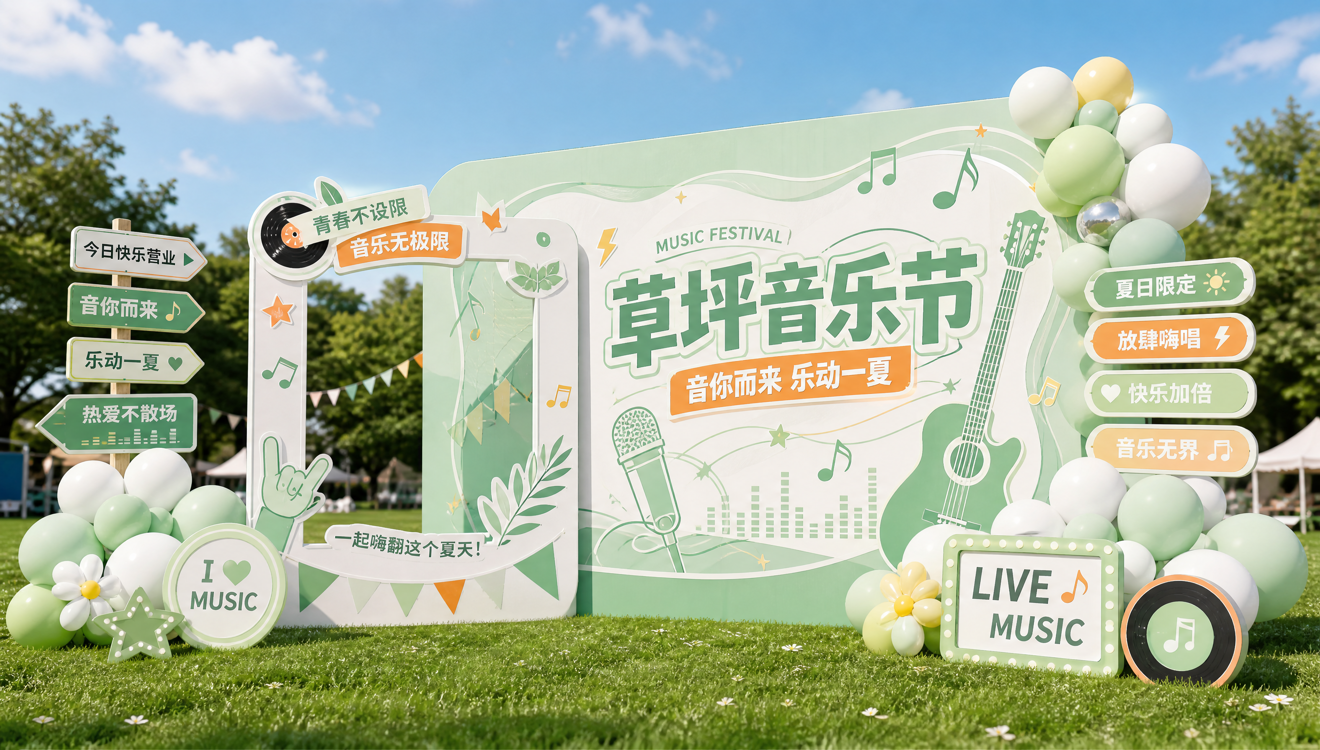 参考图中的打卡墙美陈版式骨架，保留背景墙+打卡框+气球装饰的结… - 图片创意预览