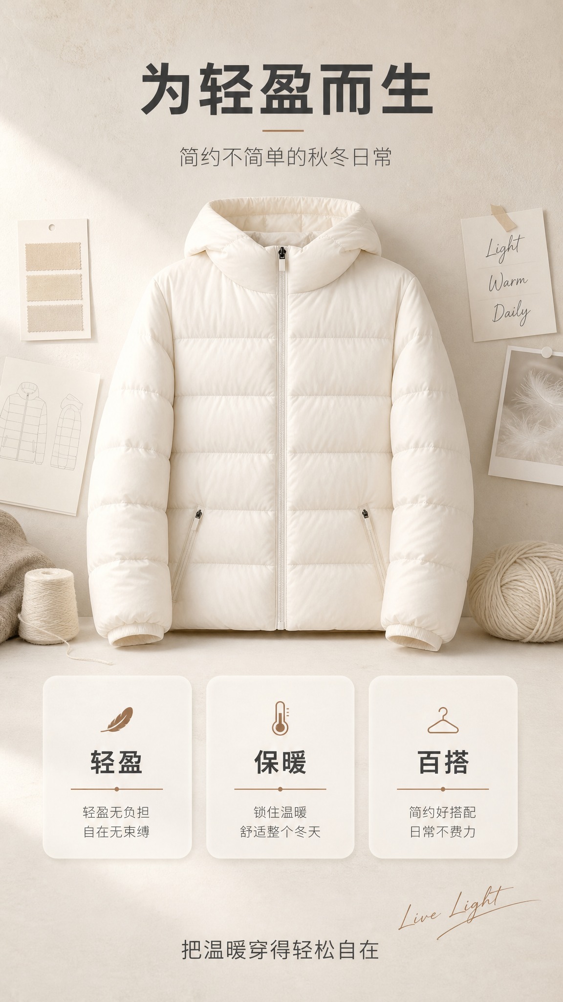 [商品] 使用【图1】奶白色连帽短款轻薄羽绒服；商品处理：保留… - 图片创意预览