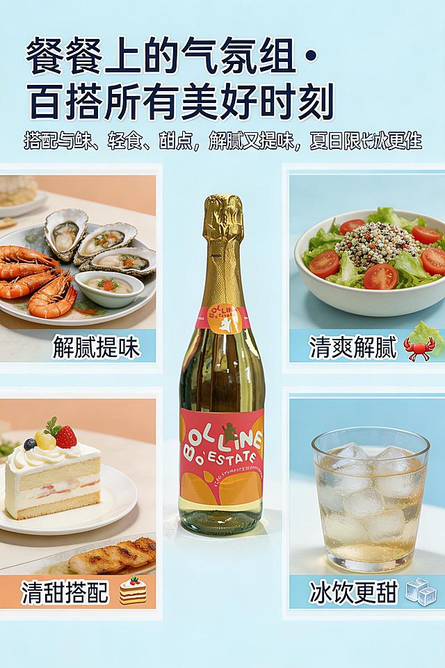 场景体验（下）页：主标题“餐桌上的气氛组・百搭所有美好时刻”加粗，副标题“搭配海鲜、轻食、甜点，解腻又提味，夏日限定冰饮更佳”常规字体；多图拼接网格布局，上排为“海鲜餐 + 夏沫”“轻食沙拉 + 夏沫”场景图，下排为“甜点 + 夏沫”“冰饮特写”图，产品瓶身位于网格中心；每个场景图标注“解腻提味”“清爽解腻”“冰饮更甜”等关键词，搭配海鲜、沙拉、蛋糕图标；杂志式网格排版，浅蓝+浅橙色调呼应夏日清爽定位；色彩占比主色60%、辅助色30%、点缀色10%，留白率不低于30%，2K高清，竖屏2:3比例