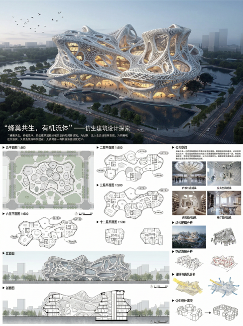 根据后8张参考图，参照第一张图的排版布局，生成以“蜂巢”为设计理念的建筑设计展板，比例3:4，顶部放置主效果图，下方依次排版总平面图、各层平面图、立面图、分析图和室内效果图，排版清晰专业，突出六边形蜂预览效果