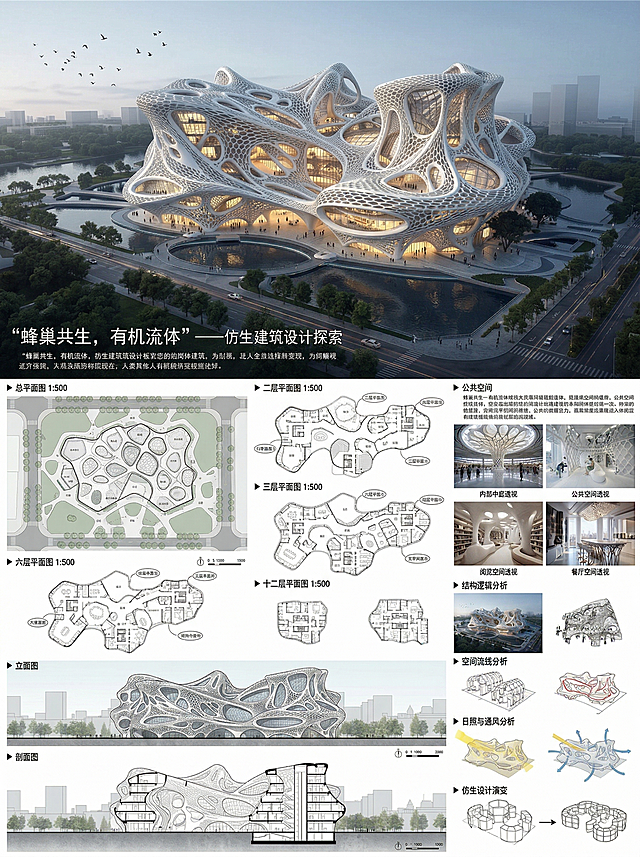 根据后8张参考图，参照第一张图的排版布局，生成以“蜂巢”为设计理念的建筑设计展板，比例3:4，顶部放置主效果图，下方依次排版总平面图、各层平面图、立面图、分析图和室内效果图，排版清晰专业，突出六边形蜂巢镂空仿生结构和有机流动造型特点，符合建筑学毕业答辩展板风格