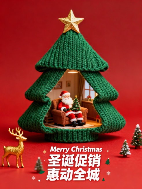 以一块巨大的绿色针织面料折叠成带顶部红星的圣诞树形状作为背景，“树” 开口处是圣诞老人坐在有小圣诞树的迷你沙发上的舒适室内场景，文案为2行的形式，第一行金色字体 “Merry Christmas” 和预览效果