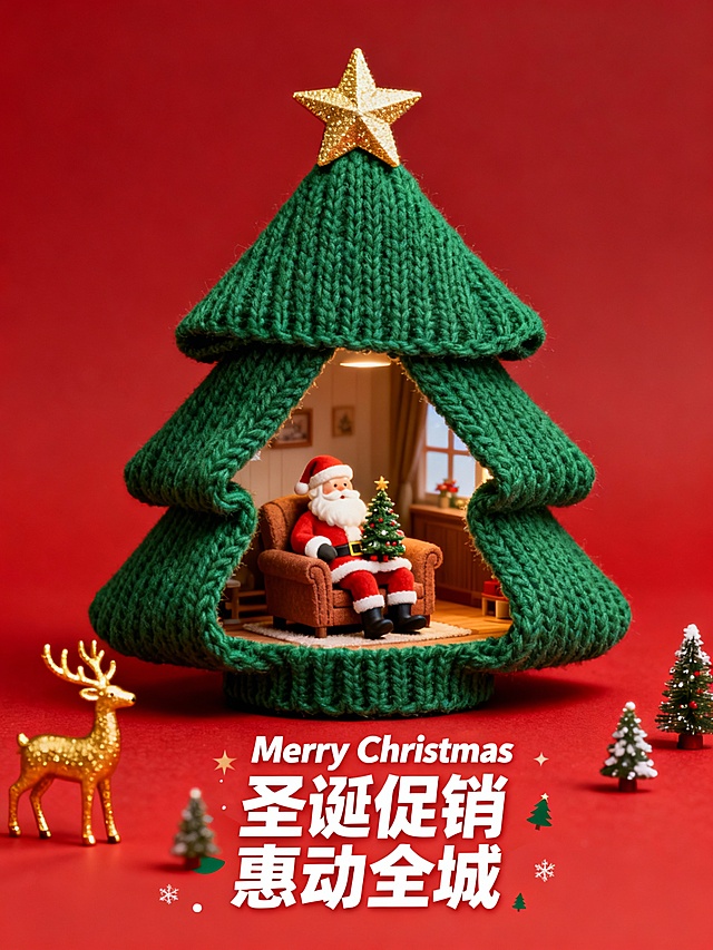 针织纹理圣诞树屋，微缩场景融合重拟物与卡通风格，3D质感十足，搭配金色鹿与暖光室内，营造喜庆温馨的节日氛围。