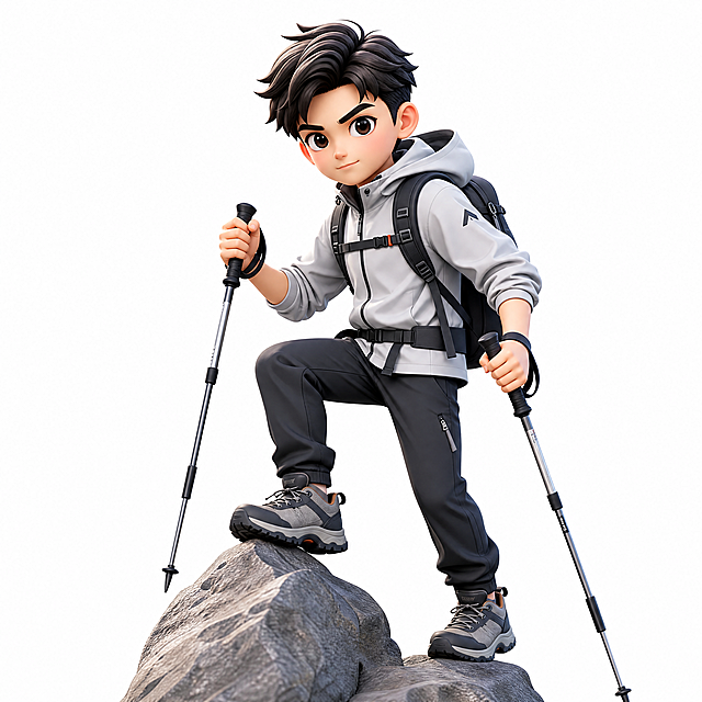 Q版3D卡通风格年轻男性正在爬山，三渲二效果，潮流运动穿搭，身穿户外速干衣和运动长裤，脚穿登山鞋，背小型登山包，手持登山杖，爬山攀登姿势，表情坚定有活力，白色背景，人物比例协调统一，3D渲染风格，高清8K画质，细节拉满，纹理清晰，矢量感强，全身像