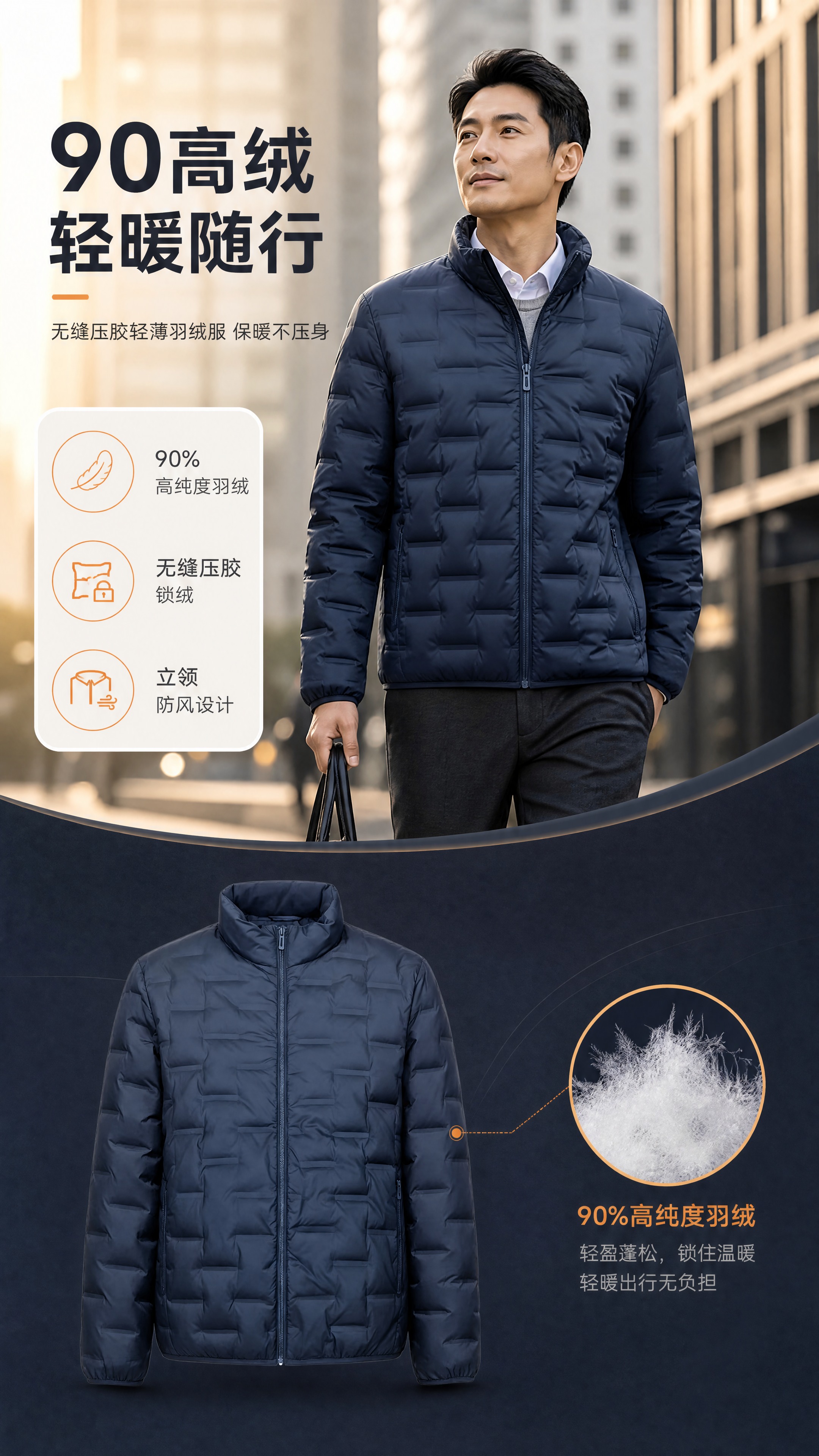 [商品] 使用【图1】藏青色立领轻薄羽绒服；商品处理：保留立领… - 图片创意预览