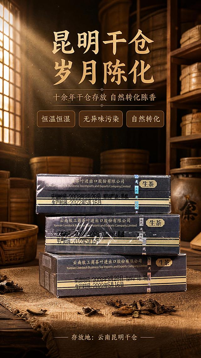 [第3张] 干仓陈化专页——昆明干仓存放环境与陈茶转化展示。本张使用【图1】三条茶砖堆叠图作为商品主体，展示干仓存放后的茶砖状态。
[氛围/风格] 古朴仓储感，岁月沉淀氛围，暖棕色调，商业摄影质感。
[元素布局] 画面中央偏下位置堆叠3盒关公普洱茶砖（与【图1】一致），占比约40%；背景为昆明干仓内部场景，木质货架、竹编茶篓、陶罐错落摆放，空气中有细微尘埃粒子在光束中浮动；左侧有老木窗透进暖光；前景铺麻布茶席，散落几片干茶叶；茶砖包装完好，塑封清晰，体现干仓存放的干燥洁净。产品外观、颜色、文字与【图1】完全一致。
[光影质感] 左侧暖光从木窗格射入，形成条状光影，茶砖顶部有高光，侧面有柔和阴影，整体温暖干燥，突出干仓的洁净感。
[配色色系] 全局底色 #6B4423（深棕褐）；主色暖棕 + 木色；辅助色米黄 + 暗金。
[视角构图] 正面平视略偏低角度，茶砖堆叠为视觉中心，阅读动线左上标题 → 中部茶砖 → 底部卖点。
[文字版式] 顶部居中主标题「昆明干仓 岁月陈化」，书法宋体，暗金色；副标题「十余年干仓存放 自然转化陈香」，棕色宋体；下方3个棕色圆角信息框横排：「恒温恒湿」「无异味污染」「自然转化」；底部小字「存放地：云南昆明干仓」。文字不遮挡茶砖主体。
[比例分辨率] 9:16竖版比例，4K分辨率，文字清晰可辨，高清画质。
[负向提示词] 茶盒变形，包装文字错乱，颜色偏差，发霉潮湿感，水印，文字过小，背景杂乱。
