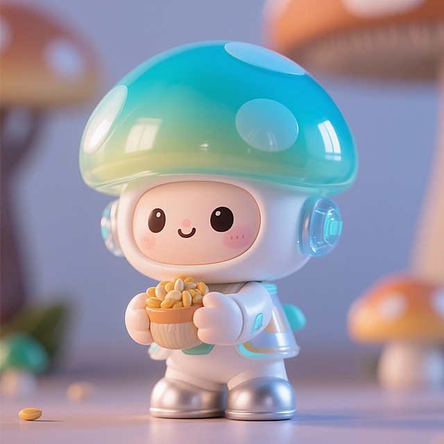 生成一个乡村振兴科技感Q版蘑菇IP形象，菌盖为透明渐变材质，手持谷物，色彩明亮温暖治愈适合手办文创周边。