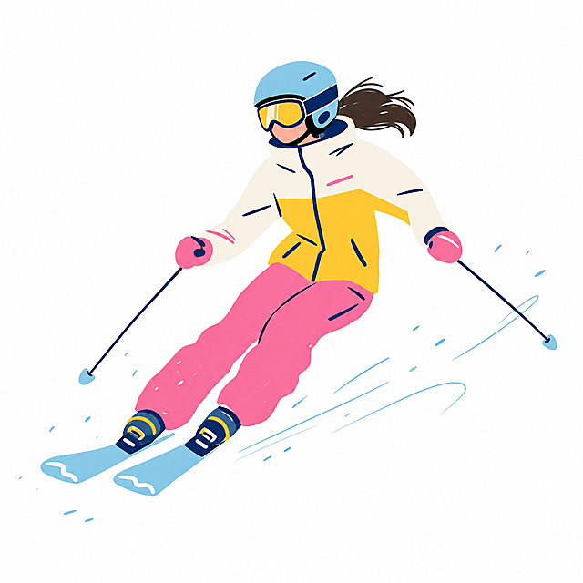 超简约抽象平面插画风格年轻女性正在滑雪，抽象概括线条简约，手绘平面插画风格，滑雪穿搭简洁，身穿滑雪服，头戴头盔护目镜，脚踩滑雪板，滑雪动态姿势，用简洁的几何线条和色块概括人物形态，白色背景，人物比例统一协调，平面插画风格，矢量感，色彩丰富明快，手绘笔触感，全身像，极简主义风格