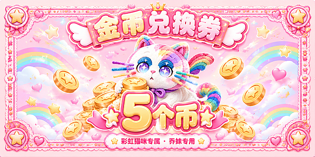 粉色可爱风格金币兑换券，横版人民币钞票比例（约2:1宽高比），整体设计像一张可爱的纸币样式，带有装饰性边框。画面中央是参考图中的彩虹猫咪毛绒玩偶形象（白色身体、彩虹色耳朵和尾巴、紫色蝴蝶结、星星大眼睛），猫咪抱着一堆闪亮的金币，周围环绕着更多金色金币和星星装饰。背景是柔和的粉色渐变，点缀着云朵、彩虹、爱心和小星星图案，充满童趣梦幻感。画面顶部有大标题文字"金币兑换券"，采用圆润可爱的字体，粉金配色，位于钞票上方中央。画面中央偏下位置有超大醒目面额数字"5个币"，金色立体字效果，周围有闪光和星星装饰，数字5特别突出。底部有小字"彩虹猫咪专属 · 乔妹专用"。整体风格软萌可爱，色彩粉嫩温馨，像一张精美的儿童纸币，四周有可爱的花纹边框，版式精美。画面中所有数字必须精确渲染，不得错位、遗漏或编造。画面中所有信息区域必须填充完整合理的内容，不得出现空白框或待填写区域。