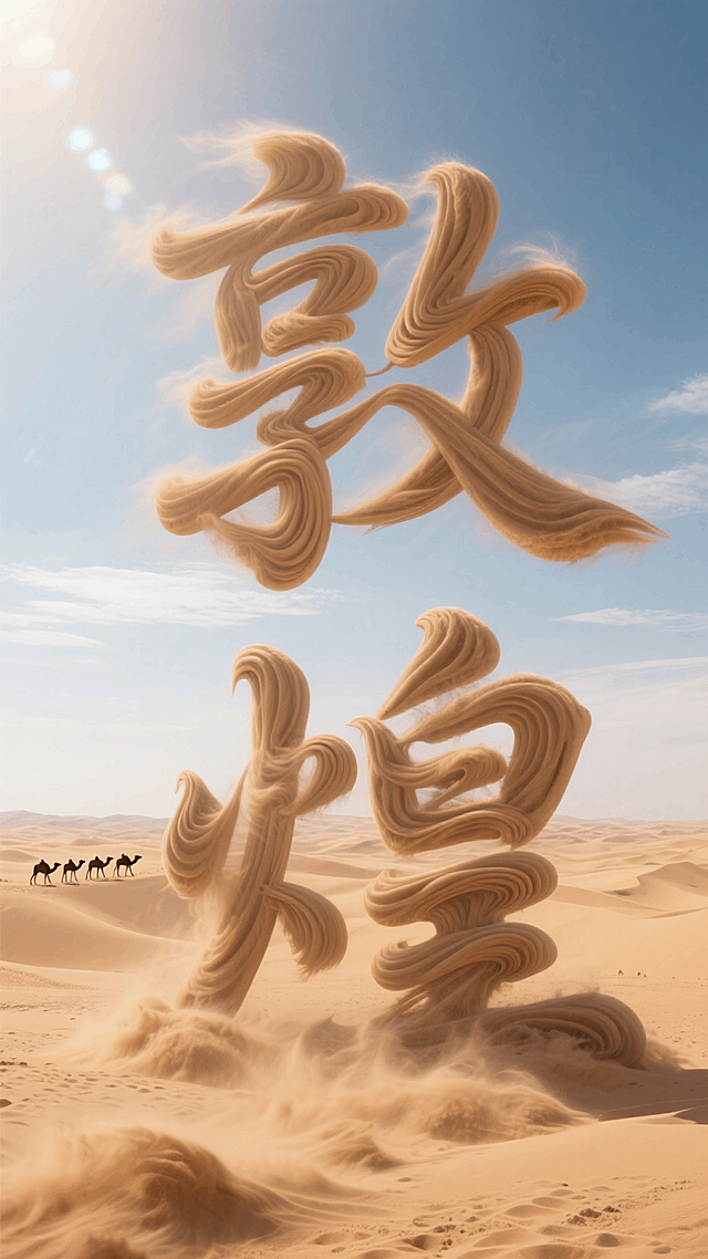 广袤的沙漠上呈现气势磅礴的"敦煌"巨大的景观字，每个笔画由卷起翻滚的沙尘组成，美丽的天空，远处隐约有一支骆驼队伍