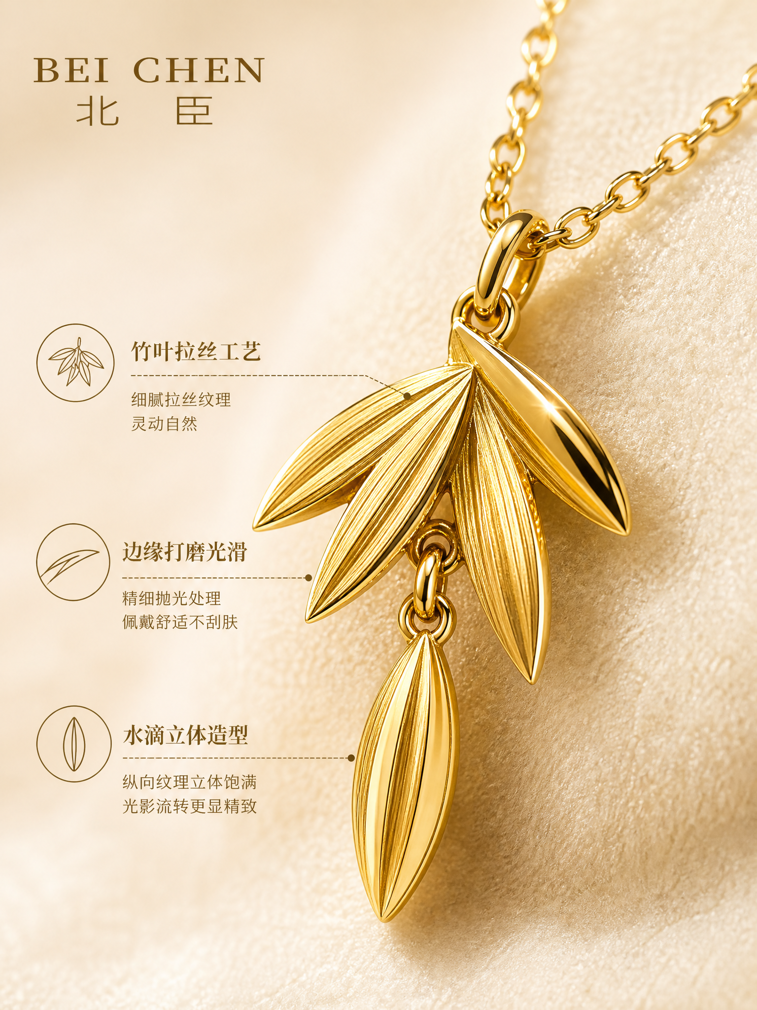 [主图-2] 北臣金色竹叶吊坠项链 核心亮点 材质与工艺展示。… - 图片创意预览