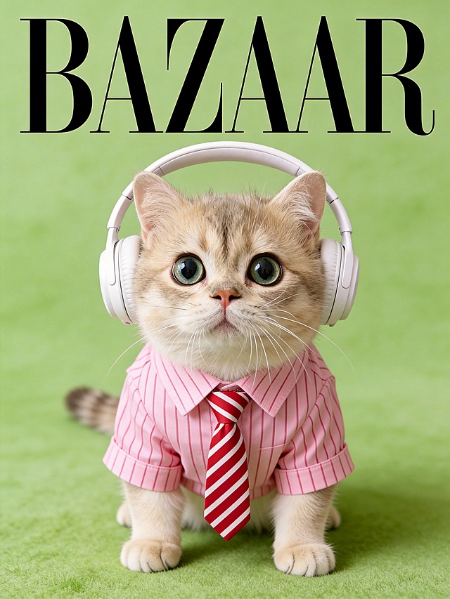 图示宠物身着粉色条纹衬衫搭配红白条纹领带，佩戴白色头戴式耳机，神态呆萌又透着精致感；背景为柔和的草绿色纯色底，简洁干净的色调突出宠物主体；画面顶部醒目呈现 “BAZAAR” 标志性艺术字样，还原时尚刊版式；整体采用高饱和柔粉色调，居中构图聚焦宠物，使其紧凑占据画面核心区域。