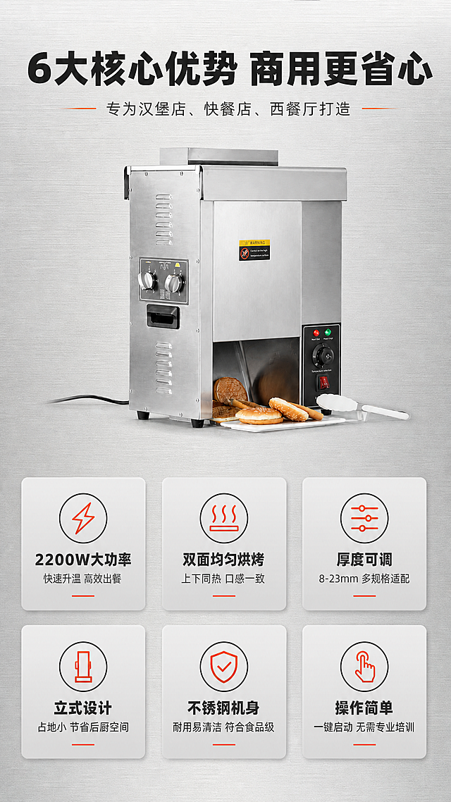 [商品] 使用【图2】立式全自动汉堡机侧面白底图；保留产品整体结构、不锈钢机身、侧面双旋钮控制面板、黄色WARNING警示标签、出料口汉堡与面包片、白色食物夹、黑色电源线、黑色防滑脚；产品图片不做任何改变，仅做背景融合与排版添加。
[画面] 目标：6大核心卖点总览，快速建立产品认知。构图：上方产品大图居中，占画面约40%，下方6个卖点卡片分2行3列排列。背景：浅灰色工业风背景，带细微拉丝纹理。每个卖点卡片配图标+标题+短句说明，卡片有细微圆角和阴影。
[视觉] 套系策略：风格=商用工业风专业商业摄影；标题字=粗黑无衬线黑体；正文字=简洁无衬线中黑体；主色=不锈钢银灰+深炭灰；背景延展=基于深炭灰做深浅层级、金属质感渐变和不锈钢纹理；强调色=暖橙红色，仅用于小面积图标、引线、标签和重点数字高亮；标题色=深炭灰；正文色=中灰色；组件=圆角浅灰信息卡、细线引线、图标+文字组合；光影=顶部柔光，金属质感清晰，产品底部有自然投影。
[文字] 顶部主标题"6大核心优势 商用更省心"，副标题"专为汉堡店、快餐店、西餐厅打造"。6个卖点卡片：1.「2200W大功率」快速升温 高效出餐；2.「双面均匀烘烤」上下同热 口感一致；3.「厚度可调」8-23mm 多规格适配；4.「立式设计」占地小 节省后厨空间；5.「不锈钢机身」耐用易清洁 符合食品级；6.「操作简单」一键启动 无需专业培训。文字全部横向排版。
[规格] 图片比例9:16竖版，4K，避免变形、错字、文字过小、产品结构改变、冷蓝背景。