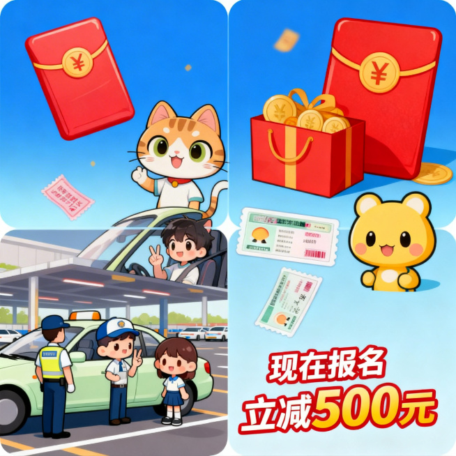 扁平插画风格，驾校报名福利宣传海报，画面展示红色现金红包、学车大礼包、优惠券等福利元素，搭配可爱的驾校卡通吉祥物，右下角有“现在报名立减500元”的突出文字，整体活泼有吸引力，1:1正方形尺寸预览效果