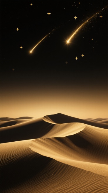 深黑色渐变背景自下而上过渡为暗金色，顶部点缀稀疏的金色星星和两道明亮的金色流星轨迹，底部是柔和起伏的金色沙丘轮廓，沙丘表面有细腻的光影纹理，整体呈现出静谧而奢华的夜空氛围，色调统一为黑金渐变，光影柔和自然，无任何文字和装饰元素。预览效果