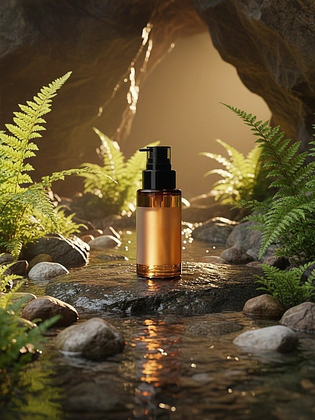 主体置于湿润的岩石上，周围环绕流水、光滑石子与翠绿枝叶，背景有岩石形成的天然洞穴，暖黄色光线从洞穴外洒入