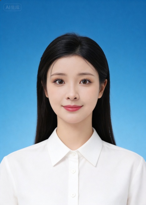 生成标准样式的证件照:参考第一张图保留人物脸型､年龄特征;参考第二张图的人物占位和比例;标准焦段50mm,纯正面胸像,提亮肤色,消除暗沉,轻度美颜,清透裸妆,隐形毛孔,均匀肤色,唇色自然提亮;头部发型预览效果