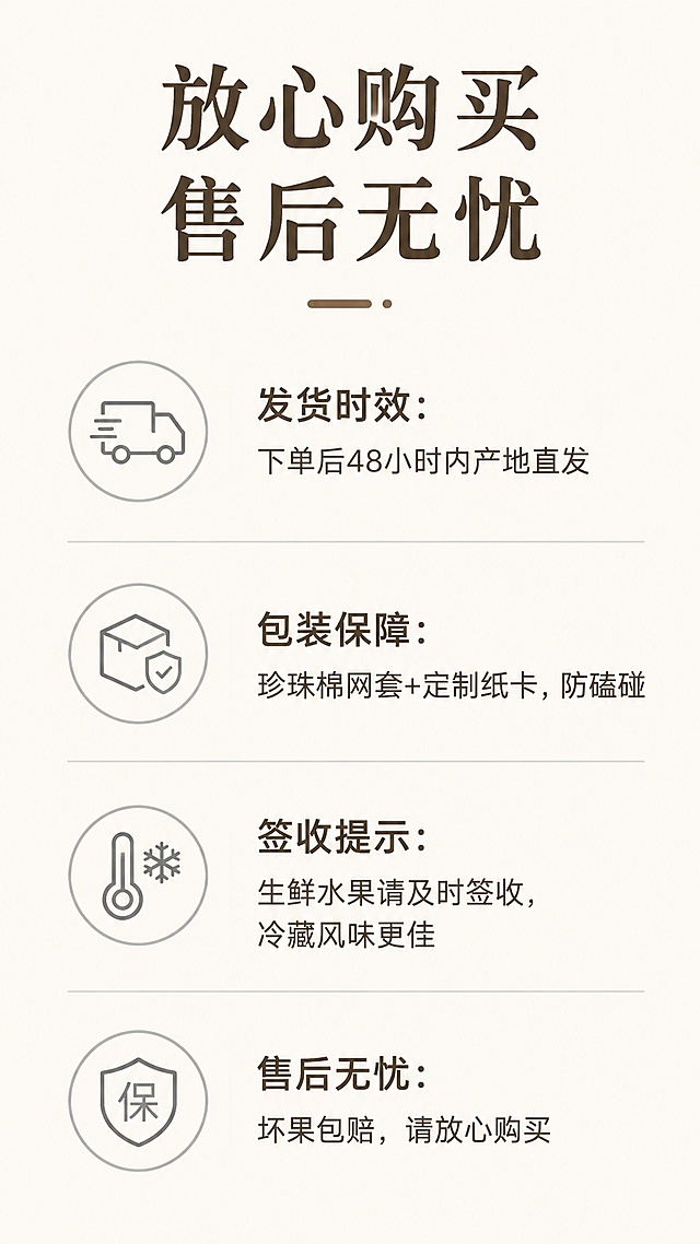 [第6屏] 购物须知页-物流售后政策说明。
[氛围/风格] 极简清晰规整风格，消除消费者购买顾虑。
[元素布局] 简约排版，顶部大标题，下方四个信息点使用简单线条图标+文字组合，从上到下依次排列，每个信息点占比均匀，留白充足，整体干净清晰。
[光影质感] 均匀平光，文字和图标都清晰锐利，无多余阴影。
[配色色系] 全局底色 #FFF8F0，主色深棕色文字，辅助色浅灰色简约线条图标，风格保持统一。
[视角构图] 纯信息排版，中心对齐构图，清晰易读。
[文字版式] 顶部大标题「放心购买 售后无忧」，四个信息点：「发货时效：下单后48小时内产地直发」「包装保障：珍珠棉网套+定制纸卡，防磕碰」「签收提示：生鲜水果请及时签收，冷藏风味更佳」「售后无忧：坏果包赔，请放心购买」，排版清晰规整，字体风格保持一致。
[比例分辨率] 9:16 竖版比例，4K分辨率，文字清晰可辨，高清画质。
[负向提示词] 排版拥挤，文字错乱，图标花哨，颜色杂乱，水印。