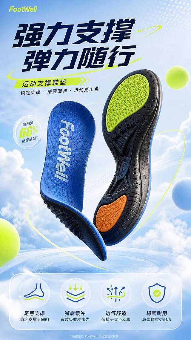 清新科技运动风电商详情页头图，9:16竖版。主体是一双蓝黑配色的运动支撑鞋垫，呈弯折悬浮状态展示弹性，鞋垫正面为蓝色布面带FootWell字样，底面黑色带足弓支撑结构，前掌黄绿色减震垫，后跟橙色减震块。浅蓝渐变云雾背景，荧光黄绿色点缀。顶部大字标题，底部四个圆形功能图标横排。3D商业渲染，精致质感，柔和光影。